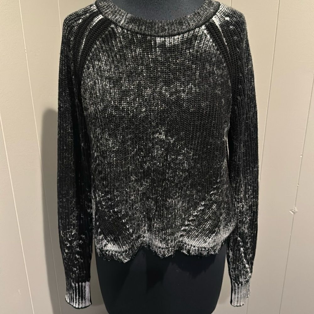 cotton by autumn cashmere soft cotton black inked shredded scalloped hem sweater